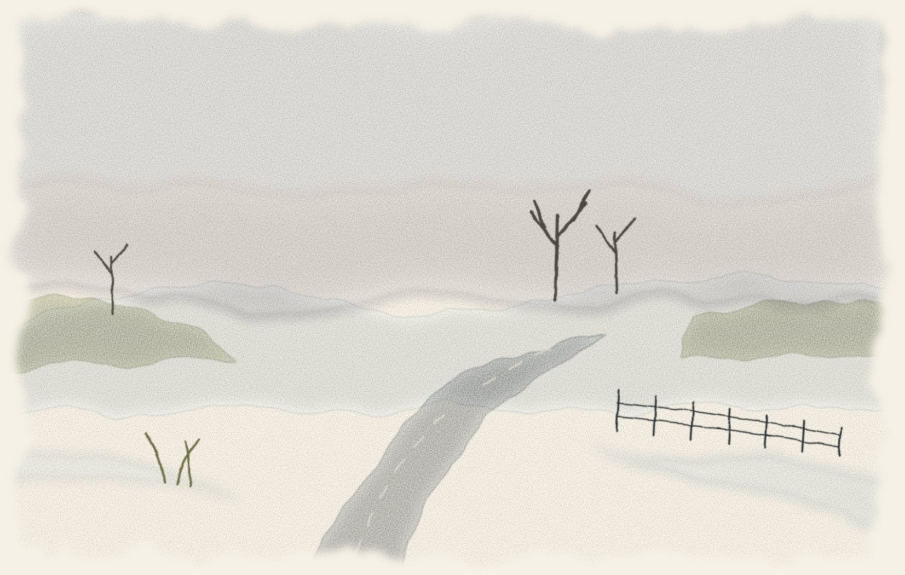 Watercolor of an empty two-lane road running into the distance through snowy fields, a leaning snow fence at left and bare oaks against a pale winter sky