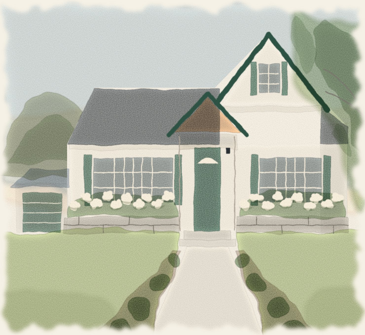 Watercolor of a white-painted brick cottage with green shutters and a green front door under a small wood-lined porch gable, white hydrangeas in stone beds along the front, and a straight walk across the lawn between rows of boxwood