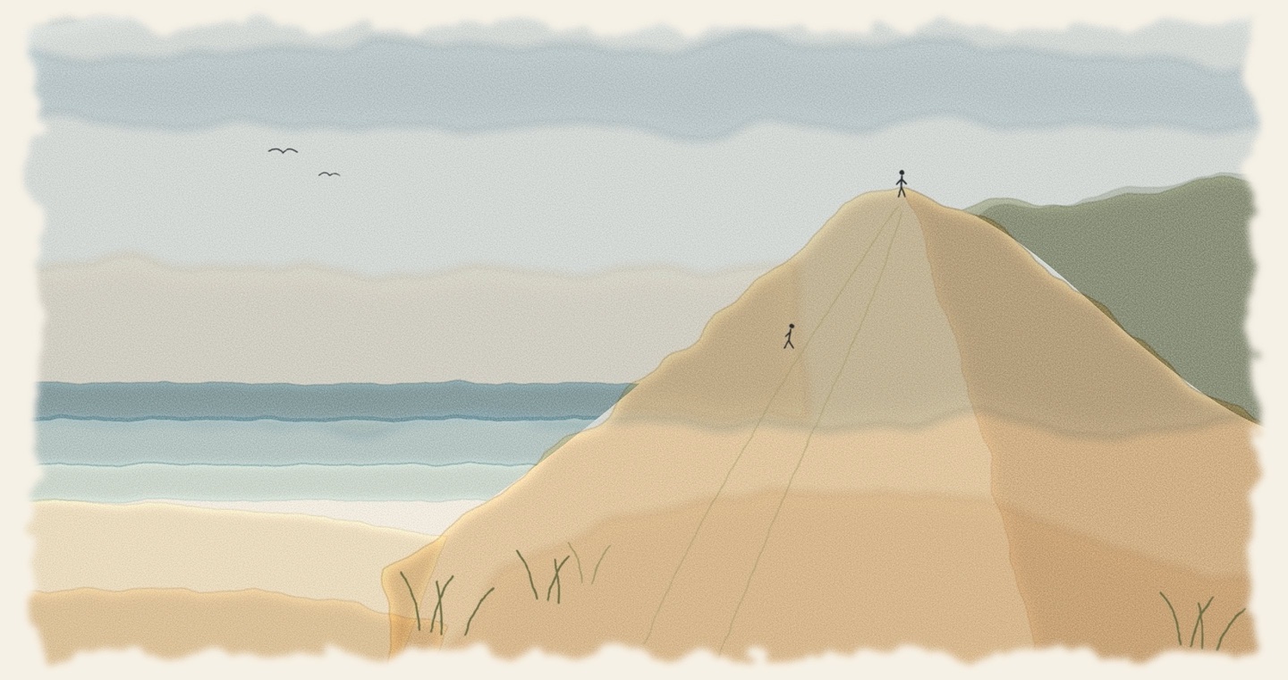 Watercolor of the open sand face of Tower Hill rising from the beach, one small figure standing on the crest and another halfway up, with wooded dunes behind and the lake to the left