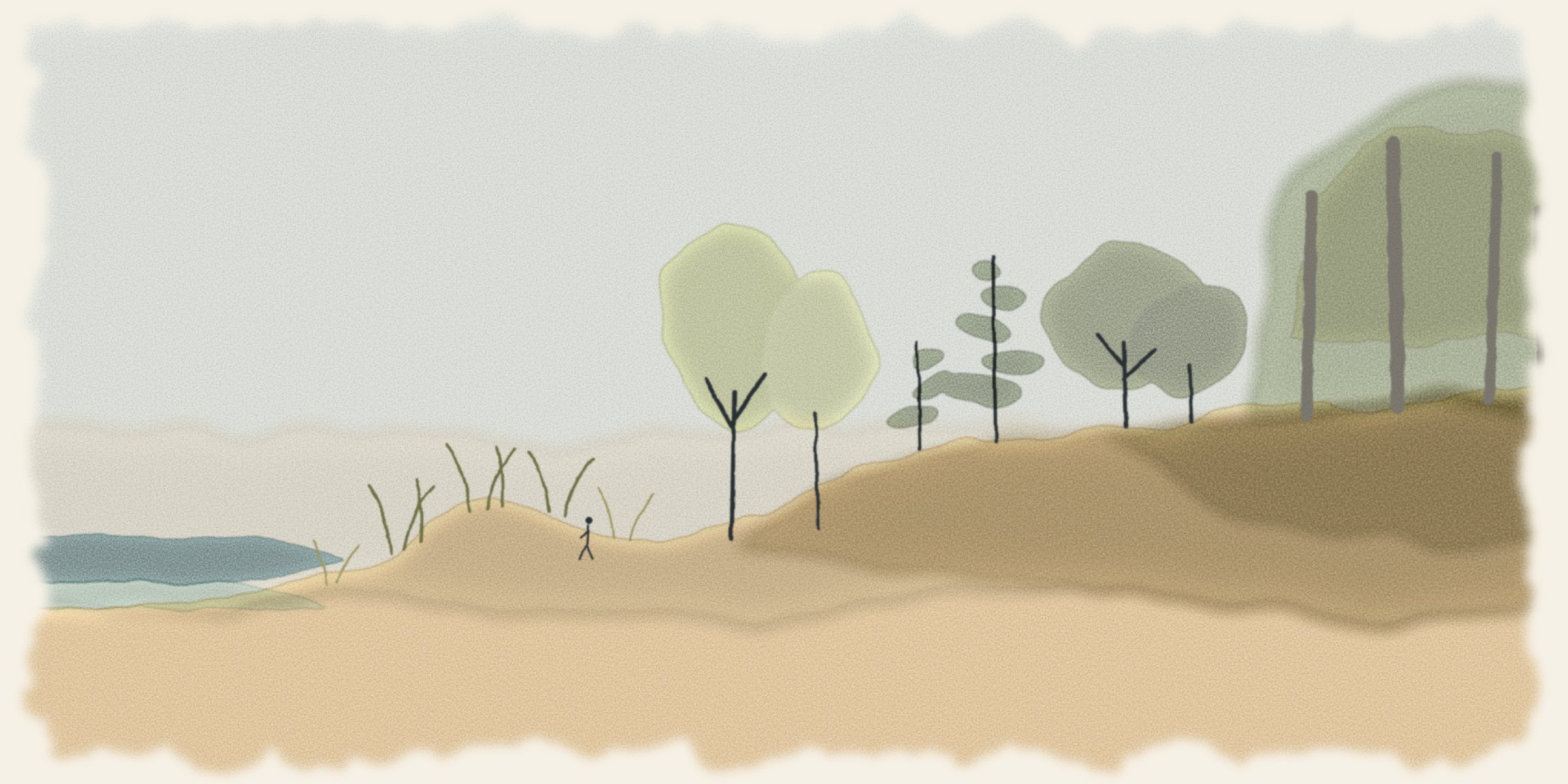 Watercolor of a cross-section from the lake inland: bare beach, marram grass on a low dune with a small walker, pale cottonwoods, dark pines and oaks, and tall grey-trunked beech and maple on the oldest ground